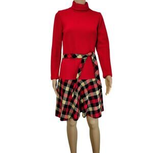 1960s Mod Wool Blend Drop Waist Plaid Skirt Dress Belted Long Sleeve Size 8 Reg